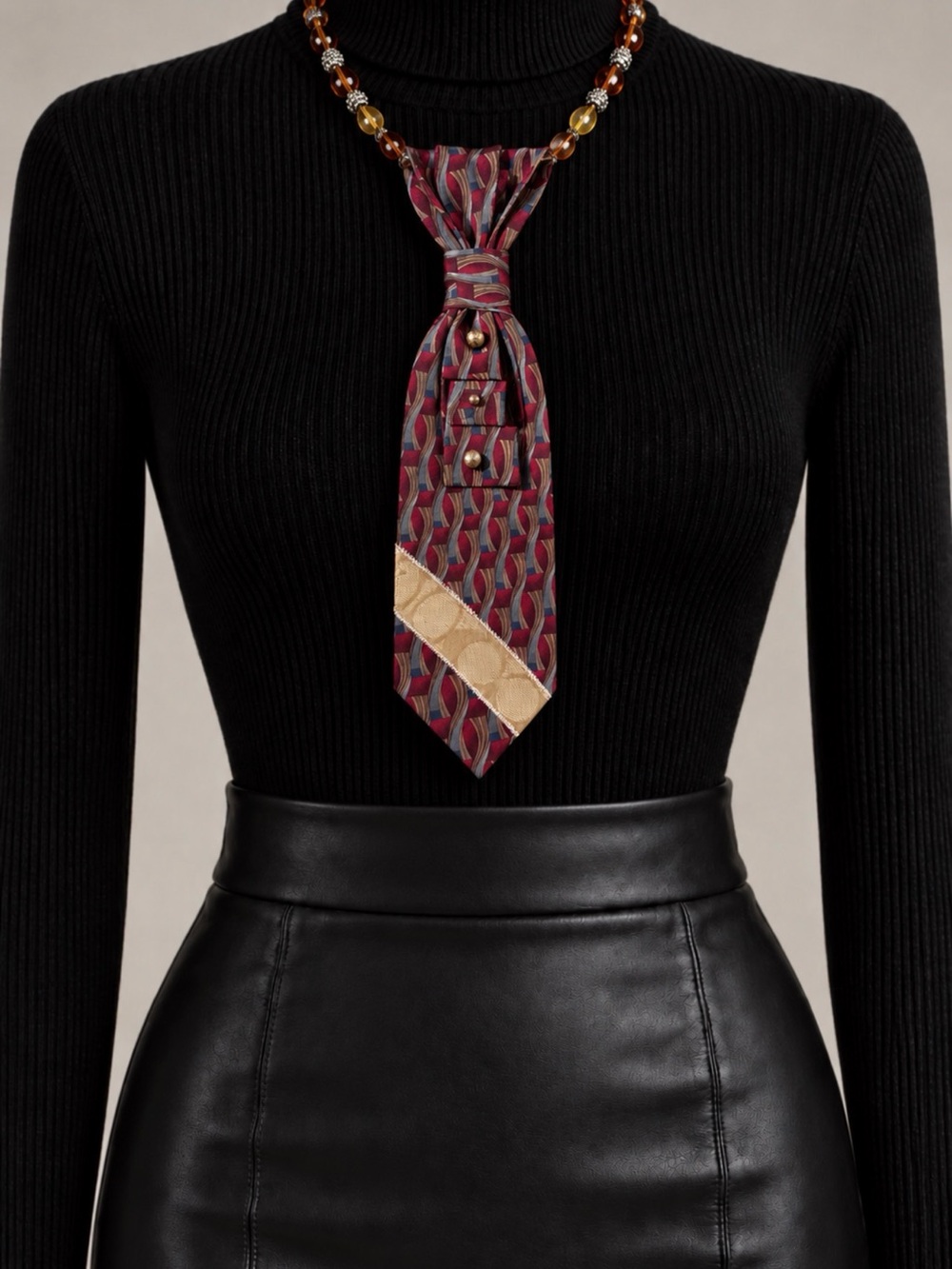Burgundy Geometric Upcycled Necktie Necklace Coach Accent Vintage Beads Chic
